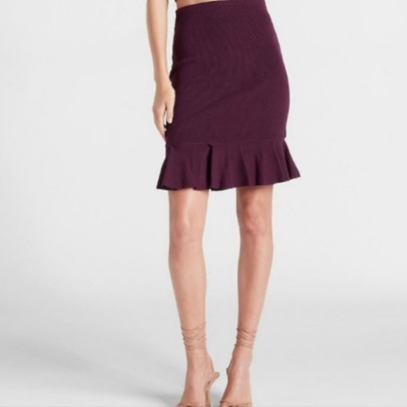 Express Eggplant Purple Ruffle Hemline Bodycon Ribbed Knit Pull-on Sweater Skirt - Picture 1 of 17